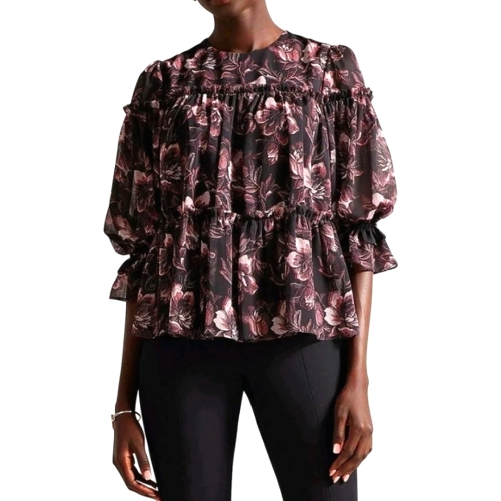 Ted Baker Ballou Tiered Ruffle Chiffon Floral Print Blouse Womens Size Ted2 US6